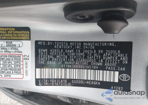 2006 Toyota Avalon Xls z USA, uszkodzony, nr VIN 4T1BK36BX6U145184